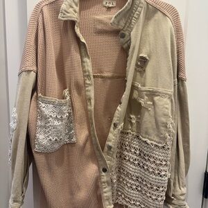 POL Women's Tan and Pink Patchwork Utility Jacket